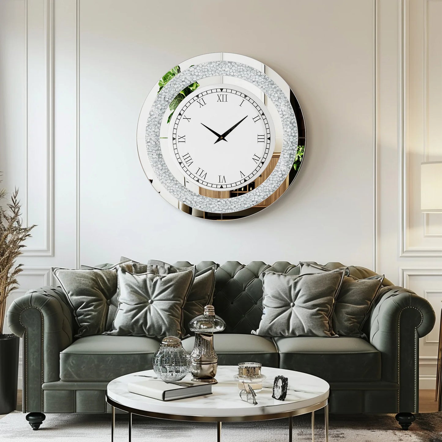 Round 24 Inch Silver Tawny Mirror Clock For Living Room