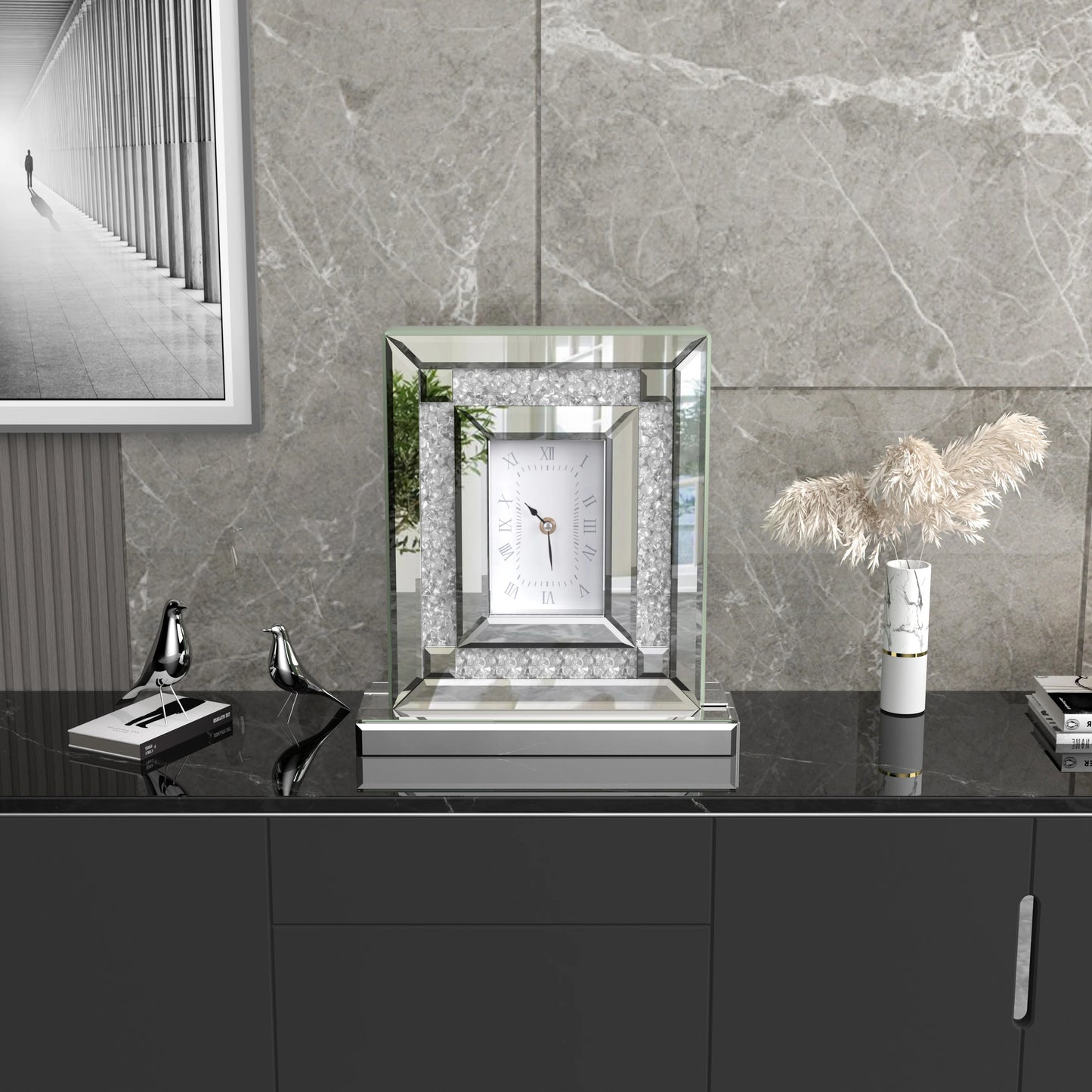 Crushed Diamond Mirrored Desk Clock For Home Decor