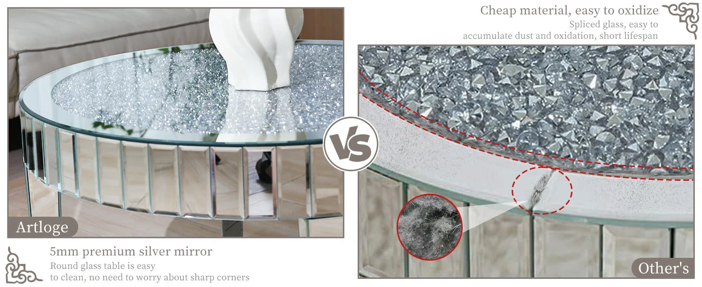 Mirrored Coffee Table With Crystal Inlay Modern Round Glass Table
