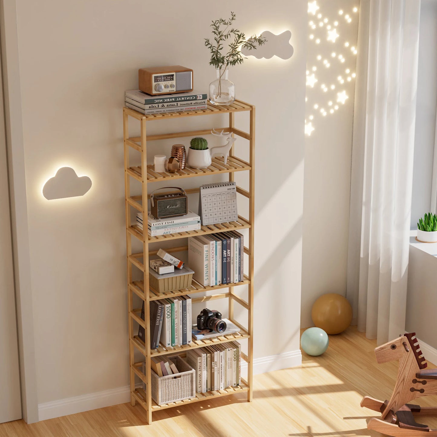 Bamboo Six Tier Bookshelf And Flower Rack With Adjustable Shelves
