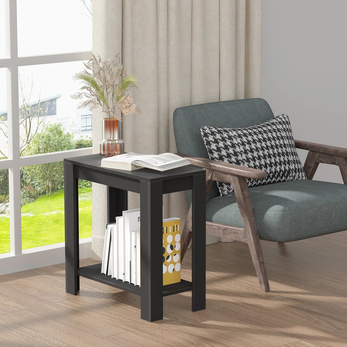 Narrow Sofa Side Table With 2 Tier Open Storage Modern