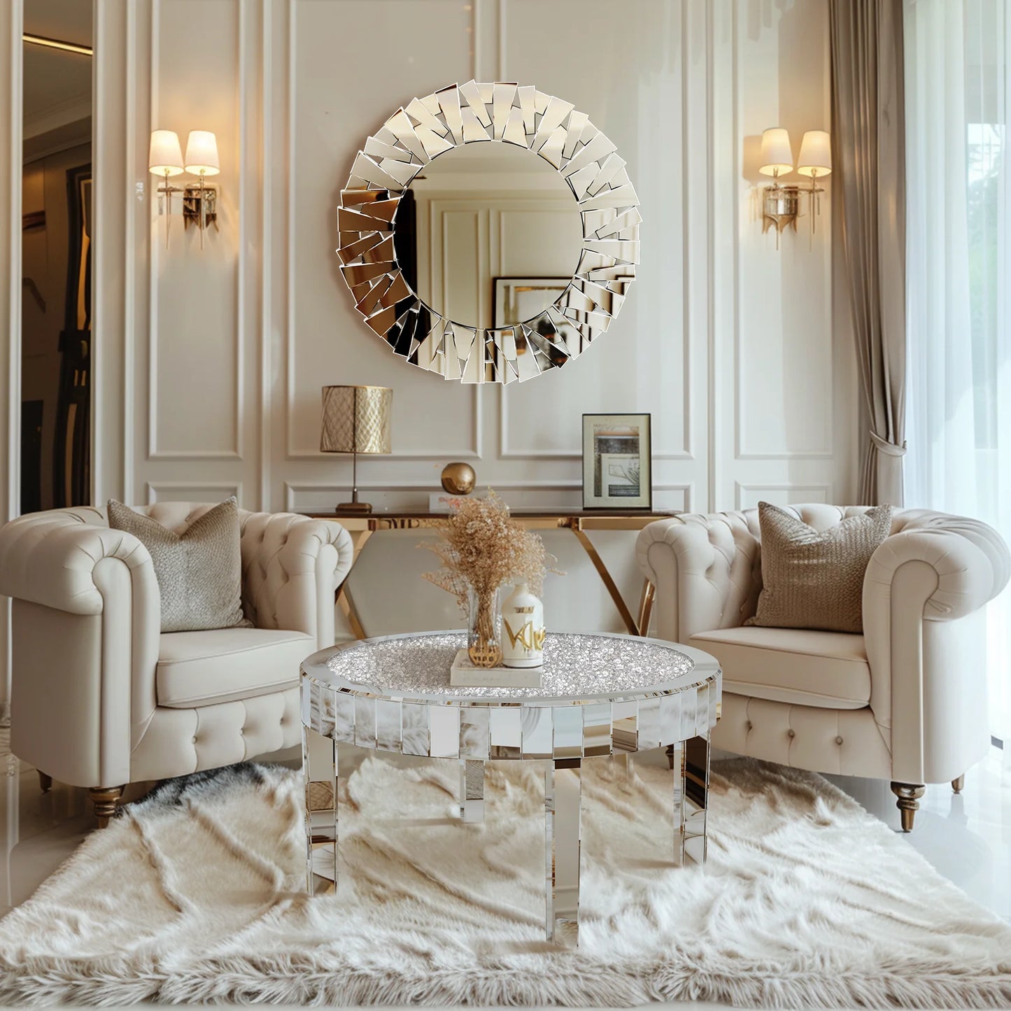 Mirrored Coffee Table With Crystal Inlay Modern Round Glass Table