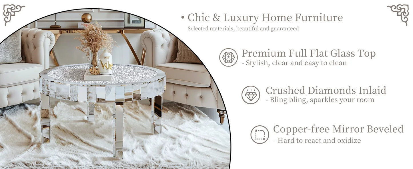 Mirrored Coffee Table With Crystal Inlay Modern Round Glass Table
