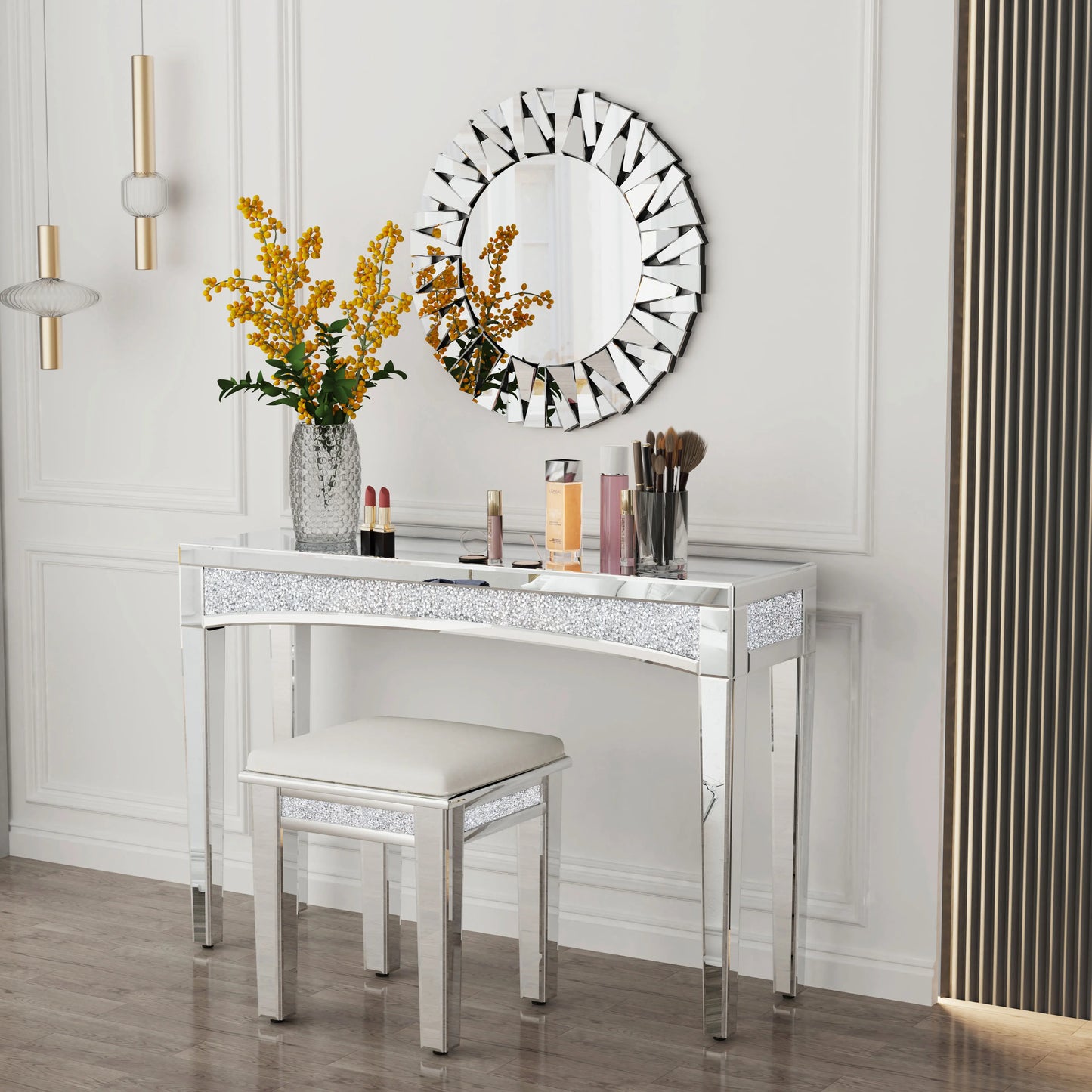 Mirrored Desk Console Table With Crystal Inlay For Living Room And Entryway