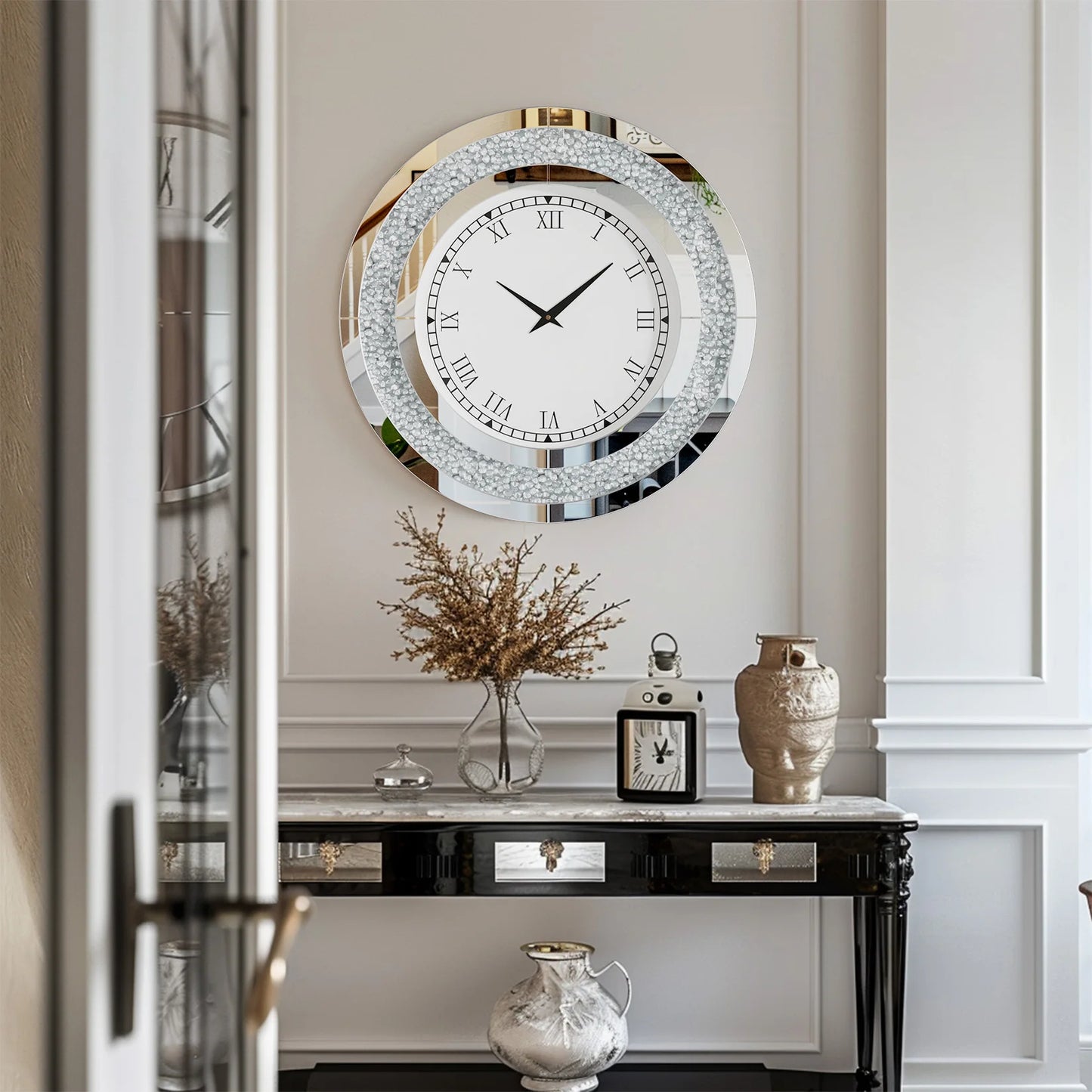 Round 24 Inch Silver Tawny Mirror Clock For Living Room