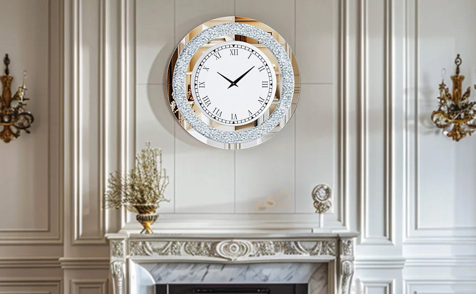 Round 24 Inch Silver Tawny Mirror Clock For Living Room