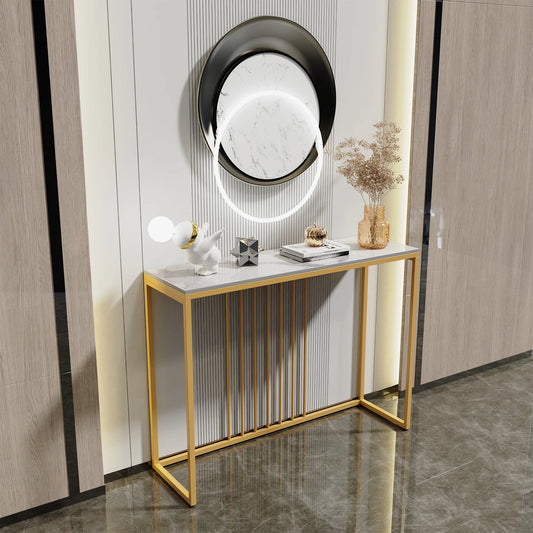 BINGOPAW Modern Marble Console Table With Gold Metal Frame Storage