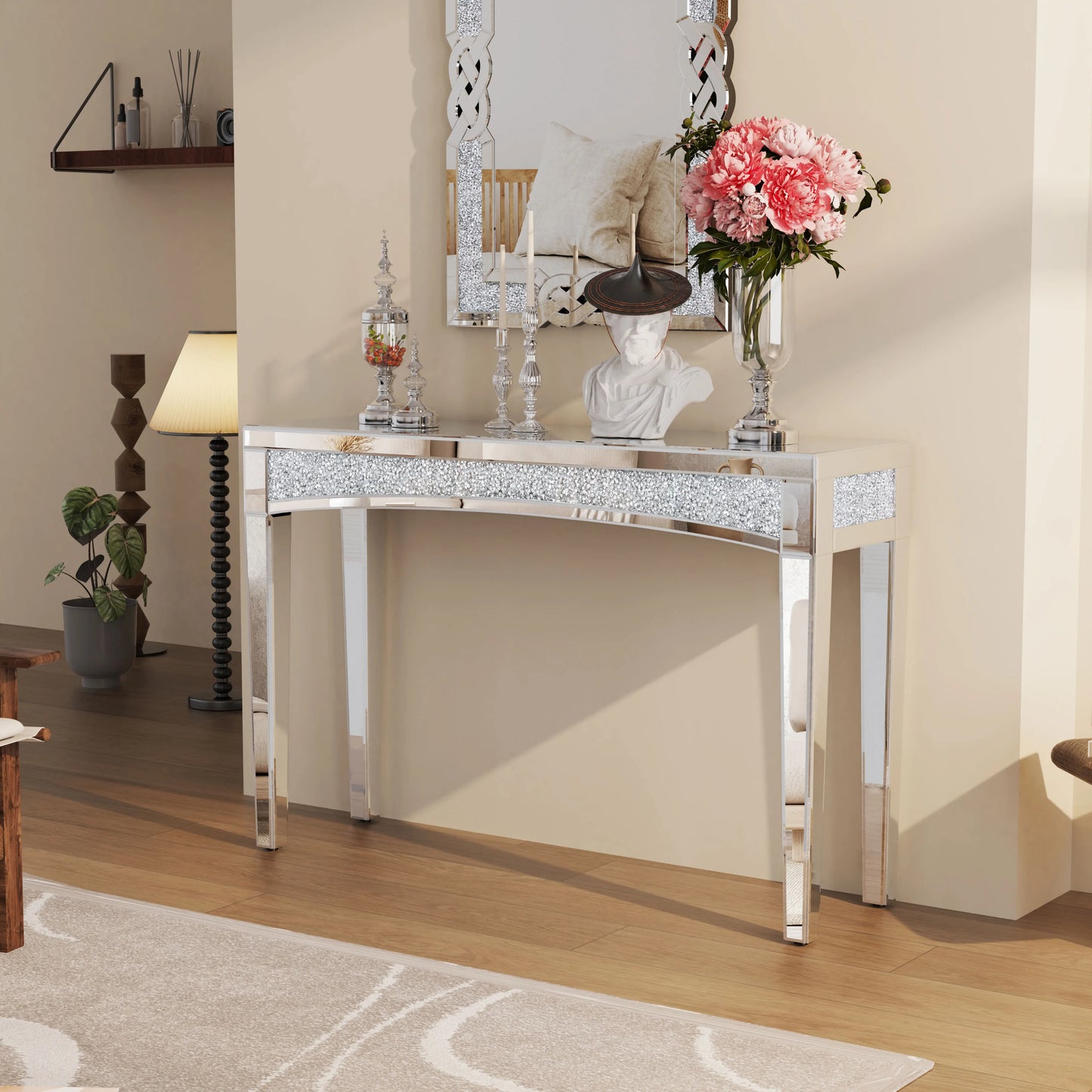 Mirrored Desk Console Table With Crystal Inlay For Living Room And Entryway