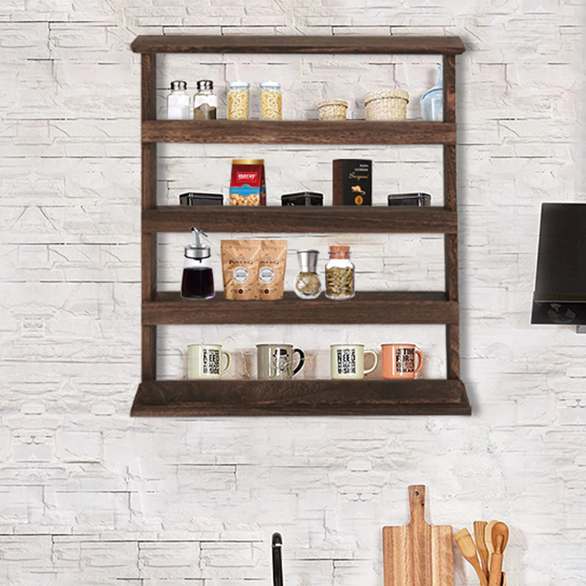 Wood Spice Rack Wall Mount 4-Tier Organizer For Seasonings