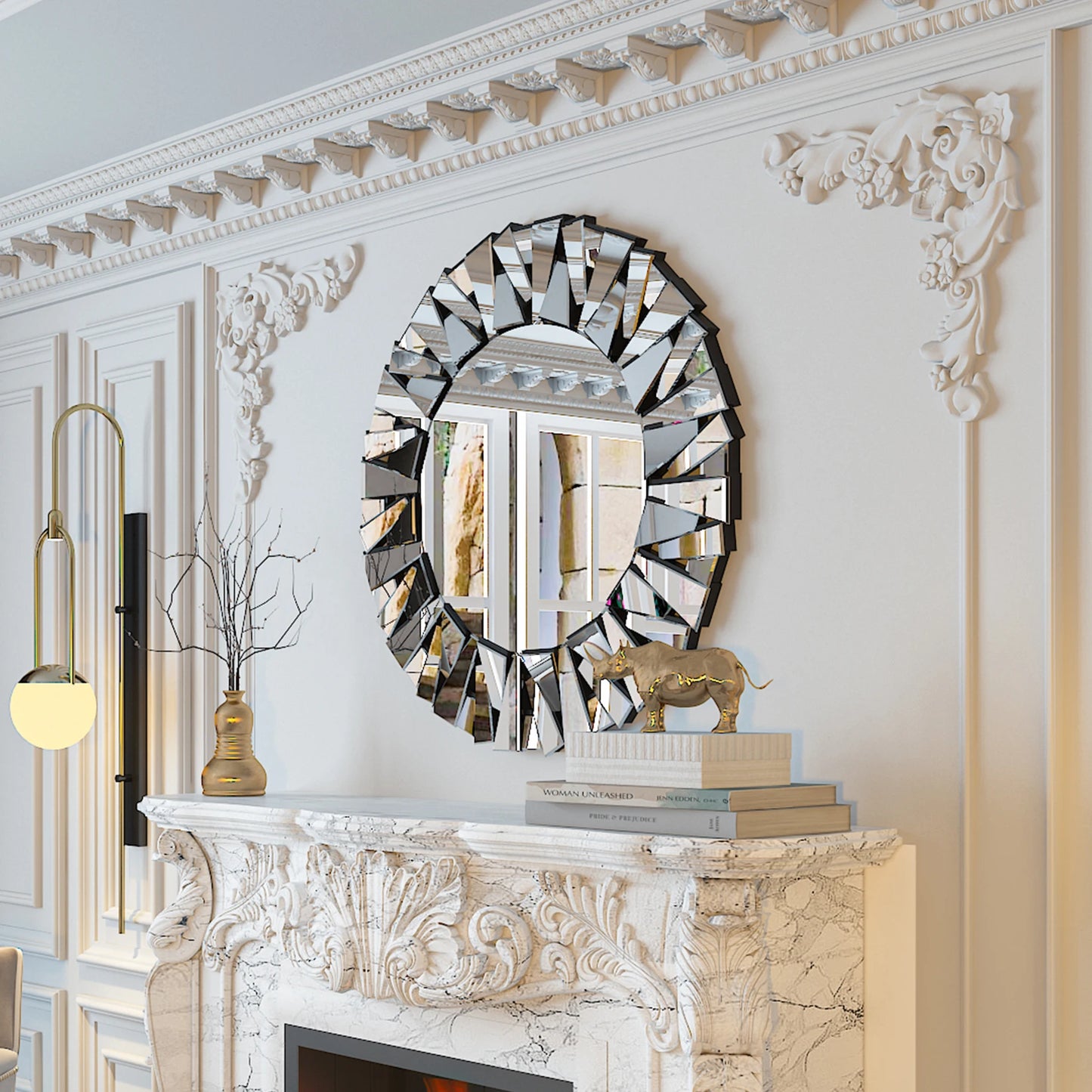 Sunburst Round Wall Mirror, Silver Glass Beveled Frame Decor
