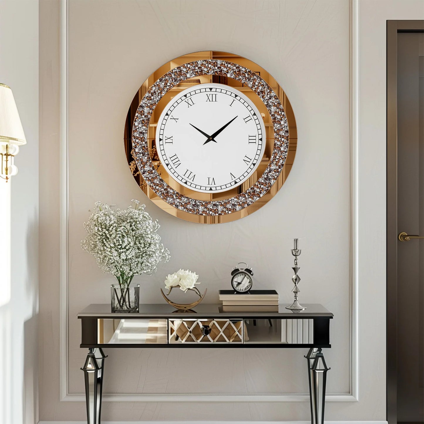 Round 24 Inch Silver Tawny Mirror Clock For Living Room