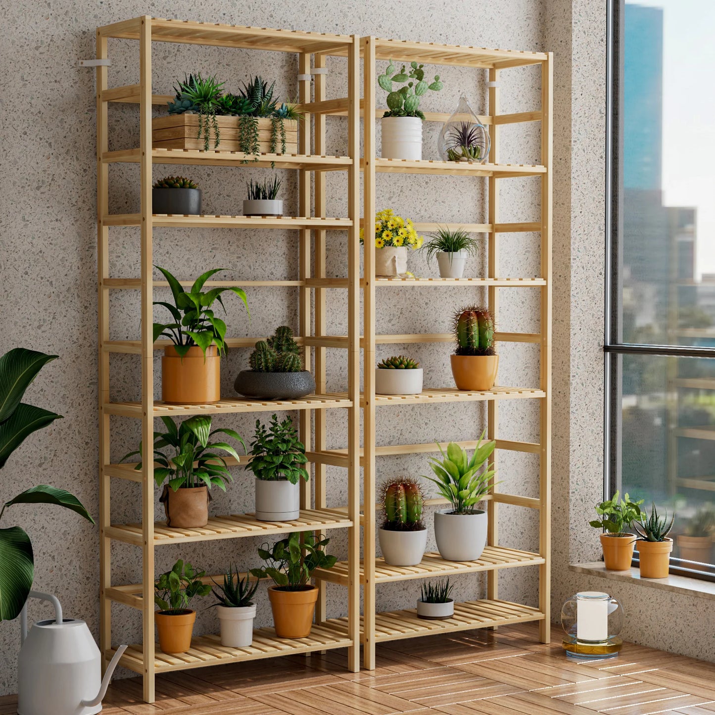 Bamboo Six Tier Bookshelf And Flower Rack With Adjustable Shelves
