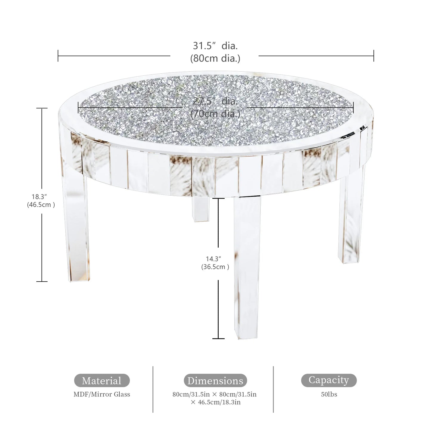Mirrored Coffee Table With Crystal Inlay Modern Round Glass Table