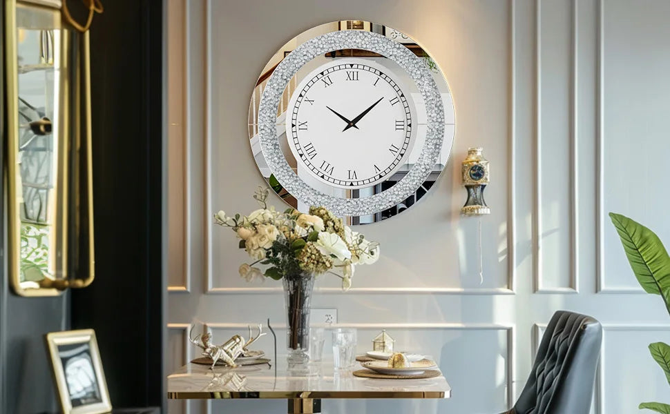 Round 24 Inch Silver Tawny Mirror Clock For Living Room