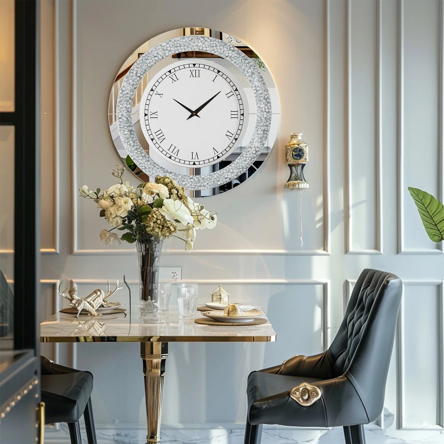 Round 24 Inch Silver Tawny Mirror Clock For Living Room