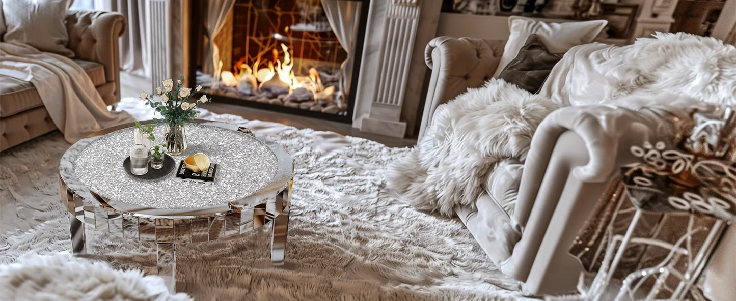 Mirrored Coffee Table With Crystal Inlay Modern Round Glass Table