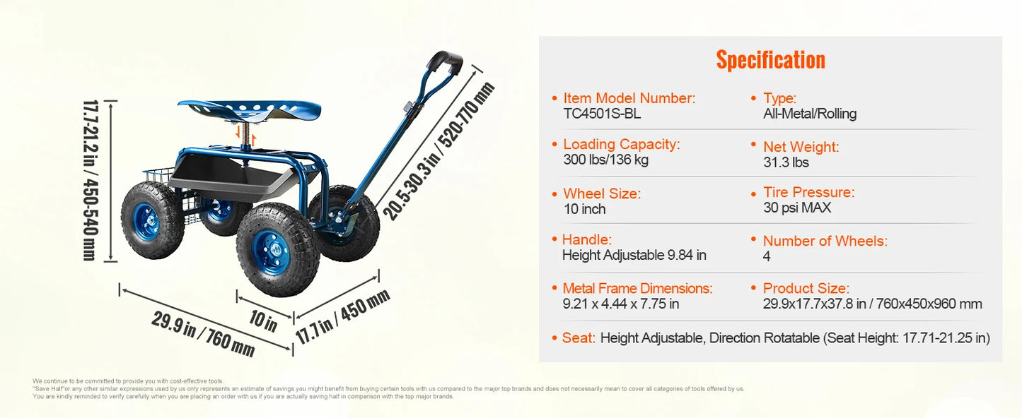 SucceBuy Garden Cart Rolling Workseat With Wheels 360 Degree Swivel
