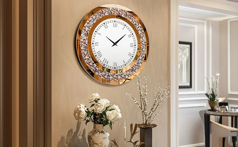 Round 24 Inch Silver Tawny Mirror Clock For Living Room