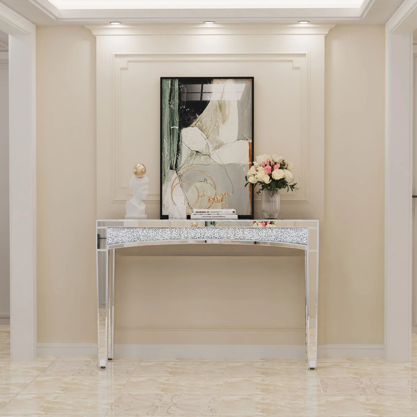 Mirrored Desk Console Table With Crystal Inlay For Living Room And Entryway
