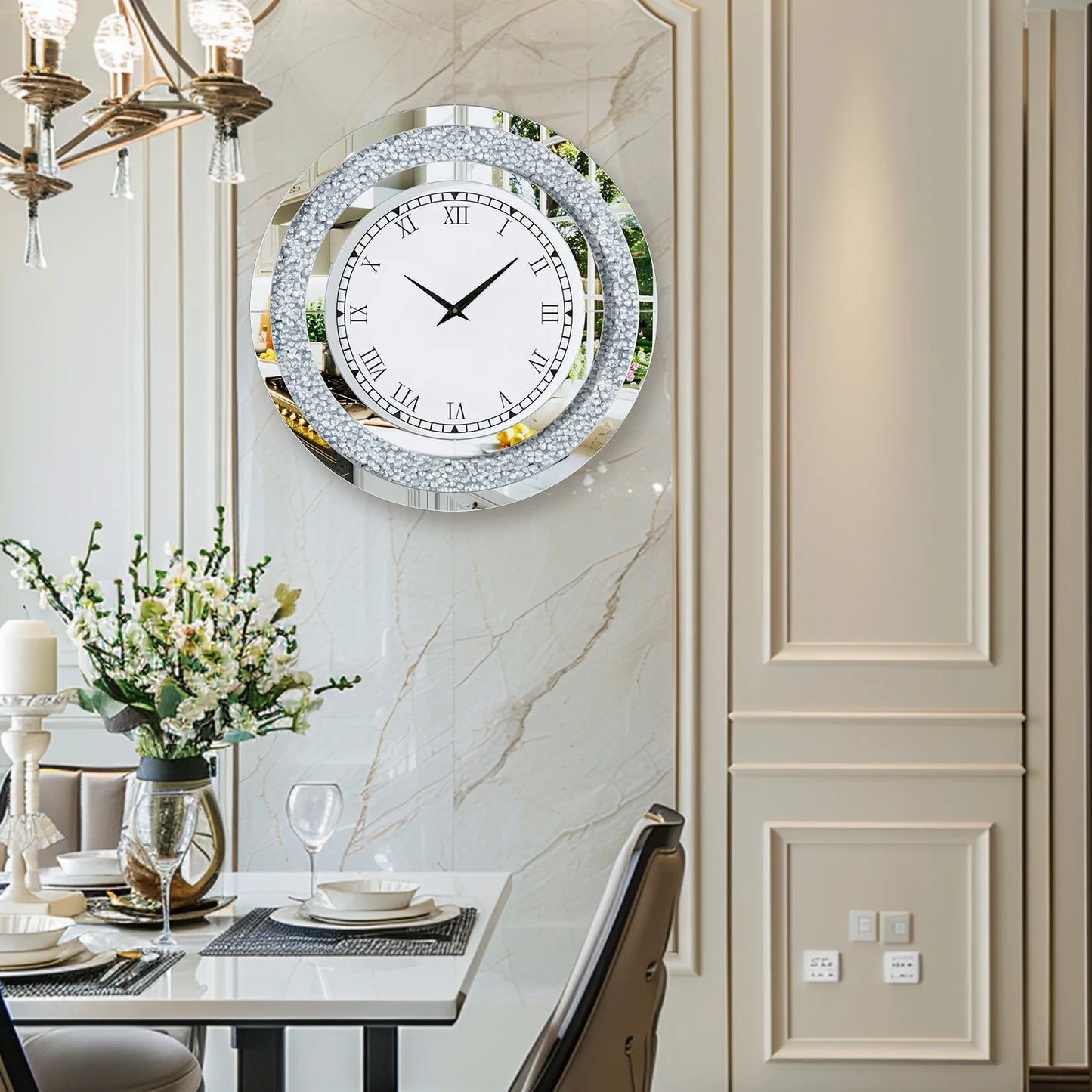 Round 24 Inch Silver Tawny Mirror Clock For Living Room