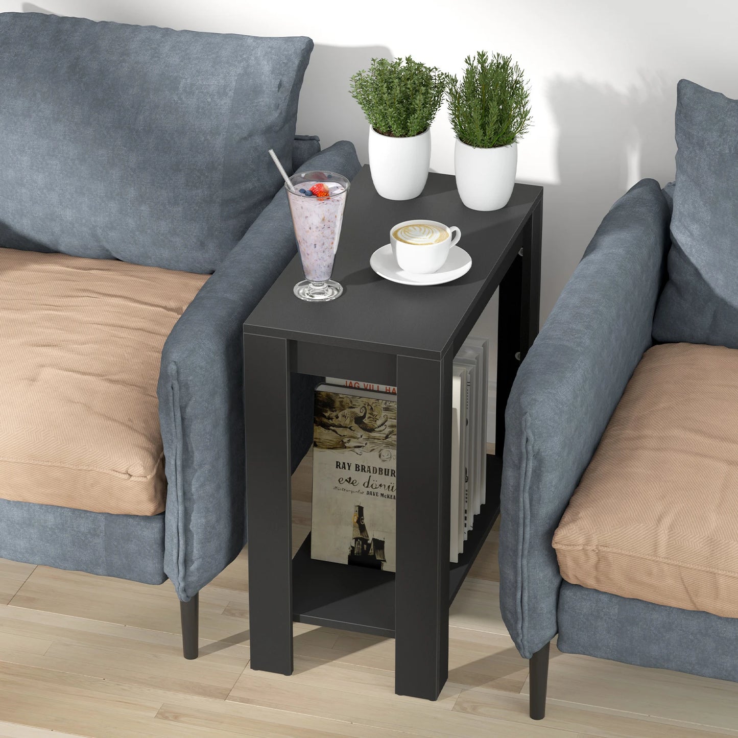 Narrow Sofa Side Table With 2 Tier Open Storage Modern
