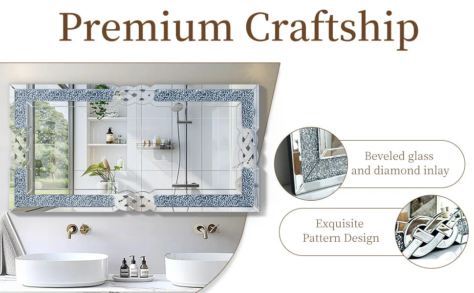 Wisfor Rectangular Crystal Diamond Wall Mirror For Living Room