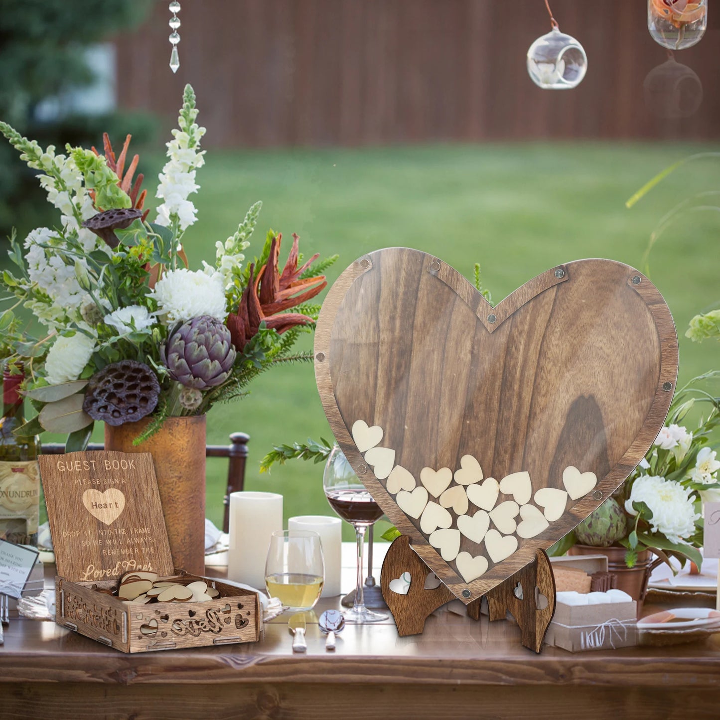Rustic Wedding Guest Book In Carbonized Wood With Heart Bracket