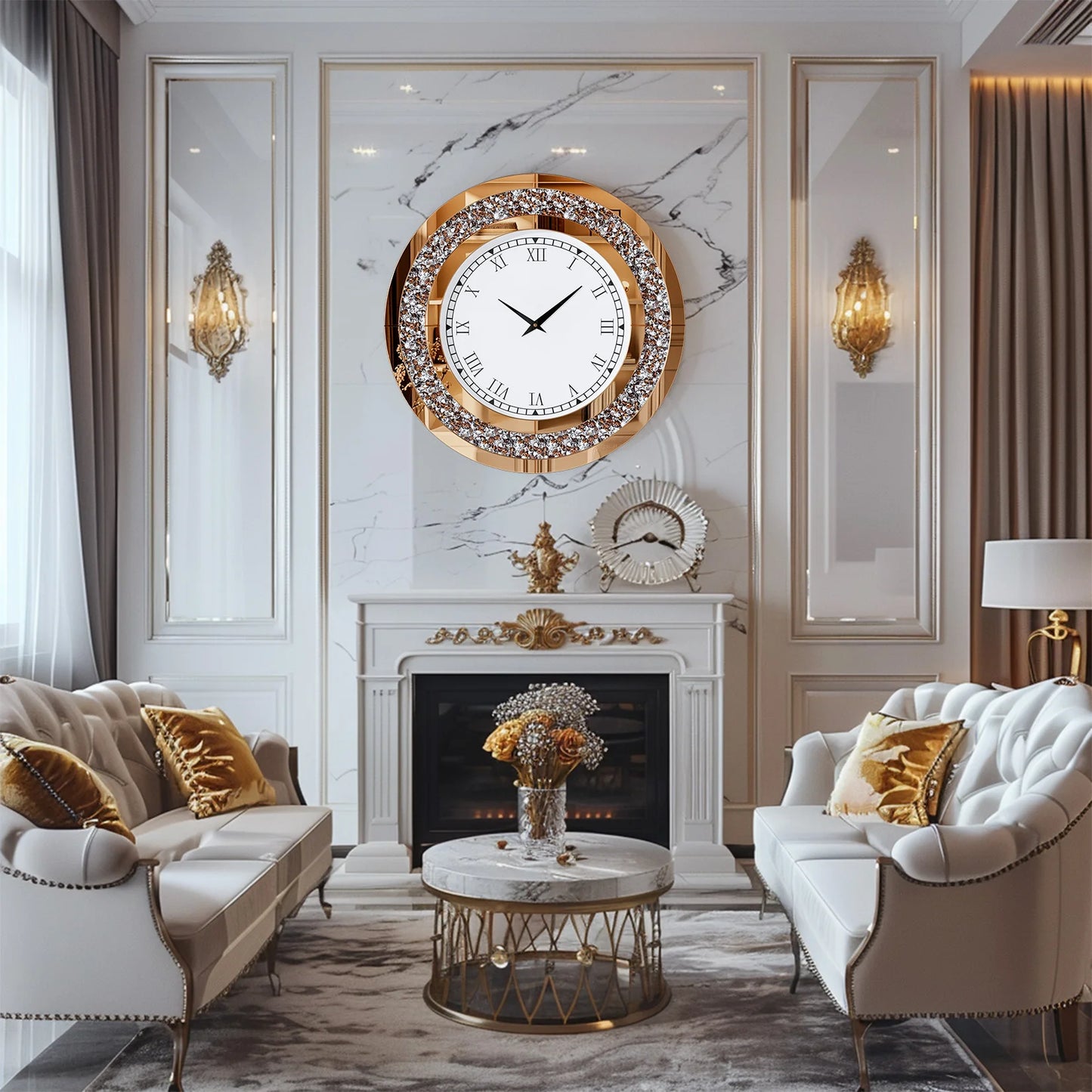 Round 24 Inch Silver Tawny Mirror Clock For Living Room