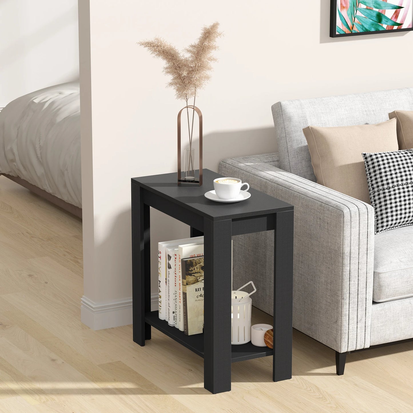Narrow Sofa Side Table With 2 Tier Open Storage Modern