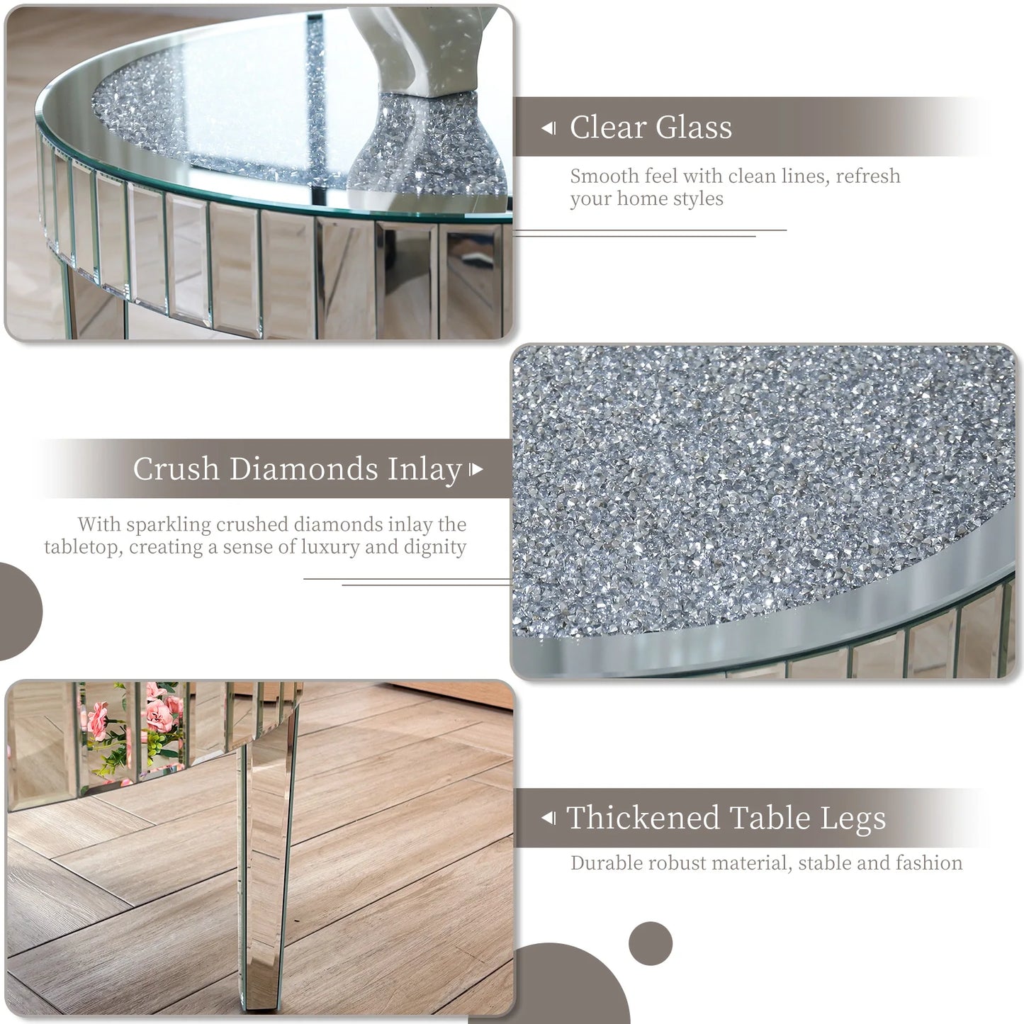 Mirrored Coffee Table With Crystal Inlay Modern Round Glass Table