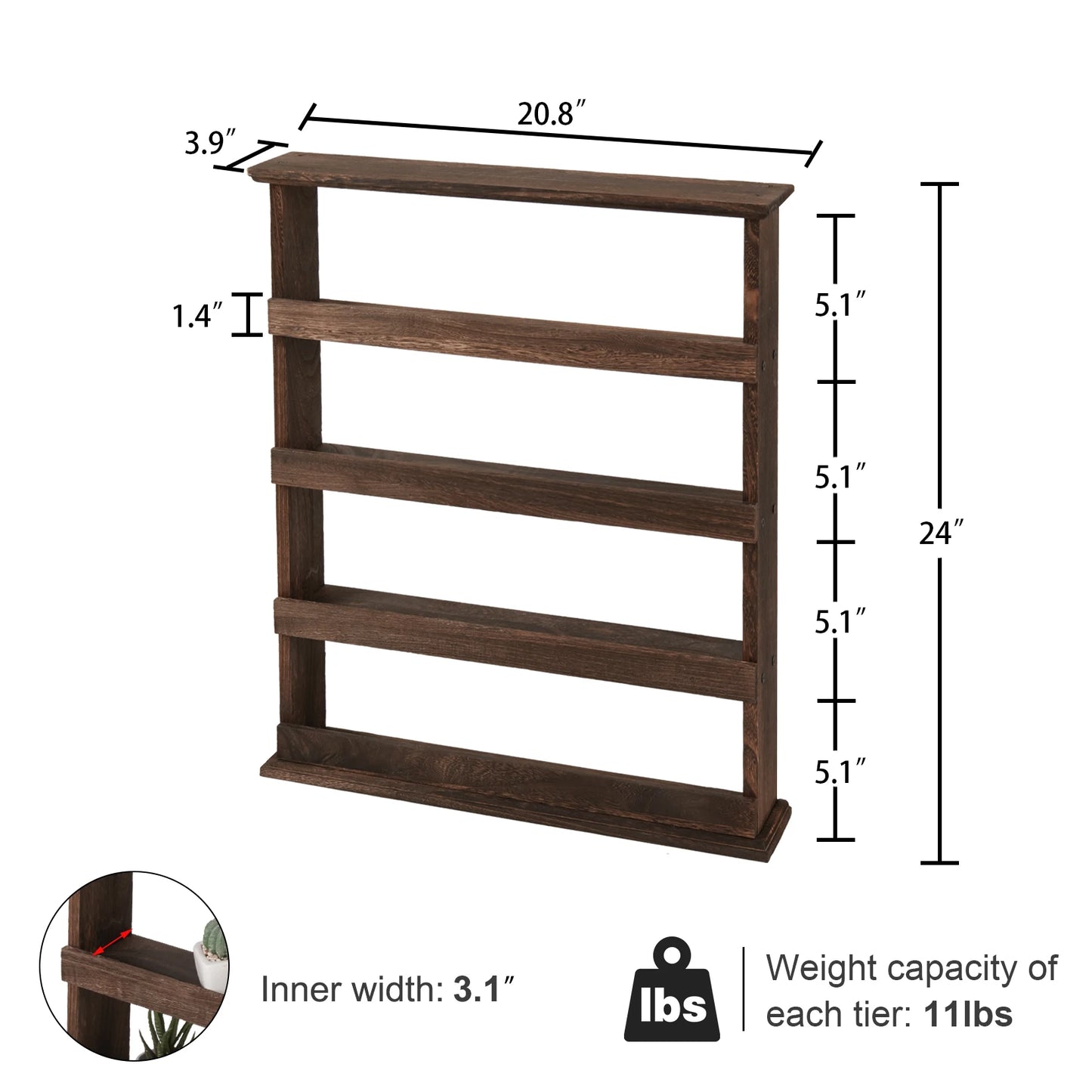 Wood Spice Rack Wall Mount 4-Tier Organizer For Seasonings
