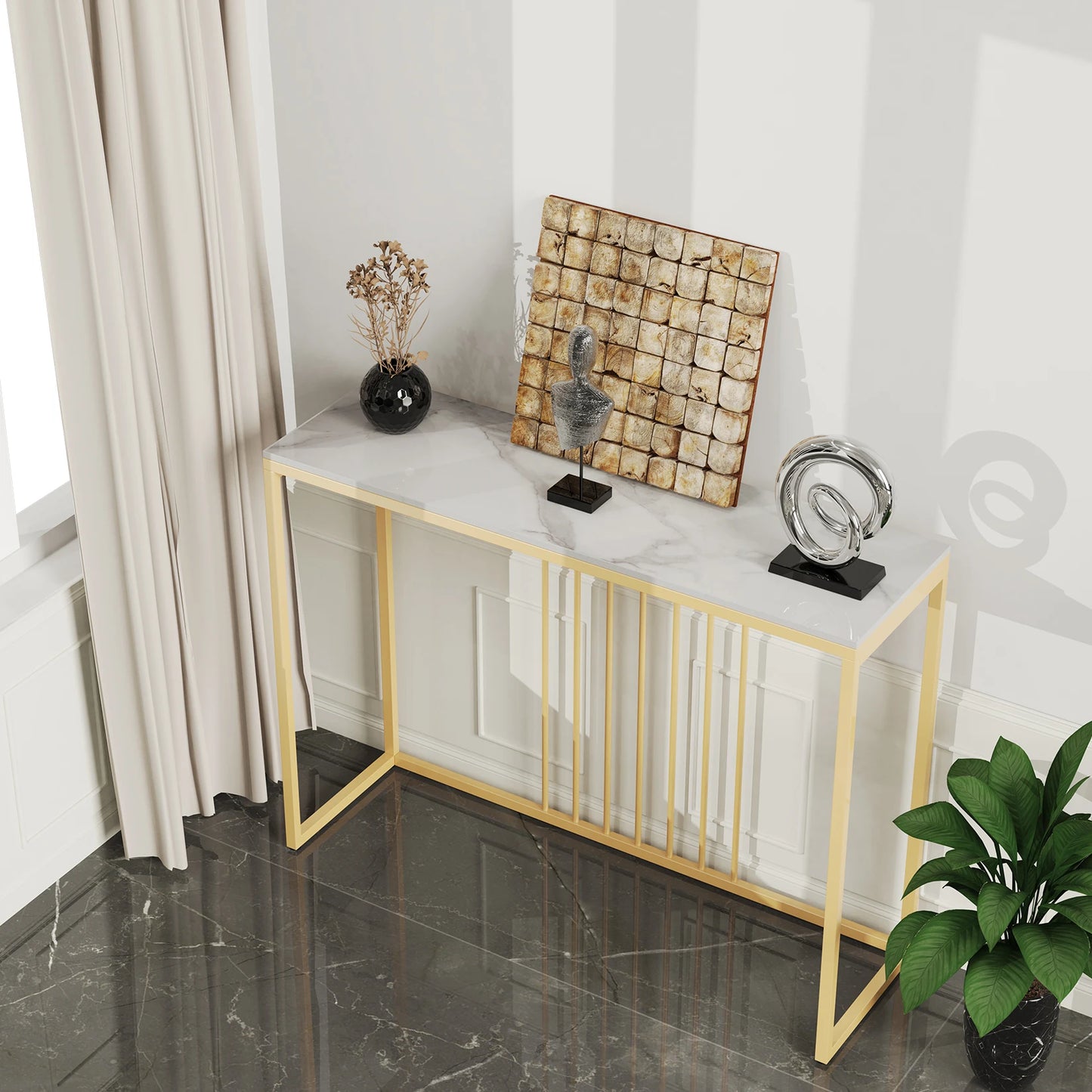 BINGOPAW Modern Marble Console Table With Gold Metal Frame Storage