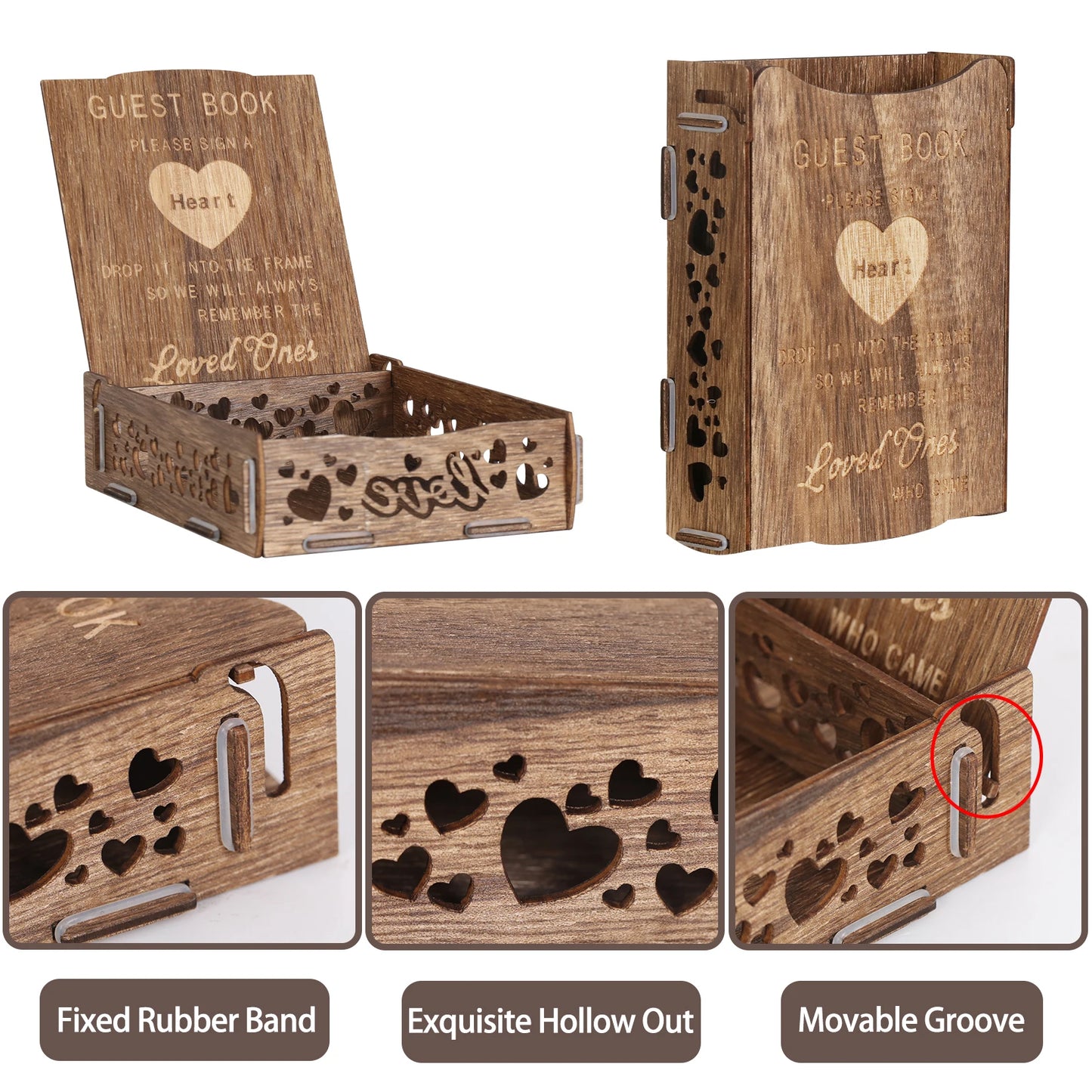 Rustic Wedding Guest Book In Carbonized Wood With Heart Bracket