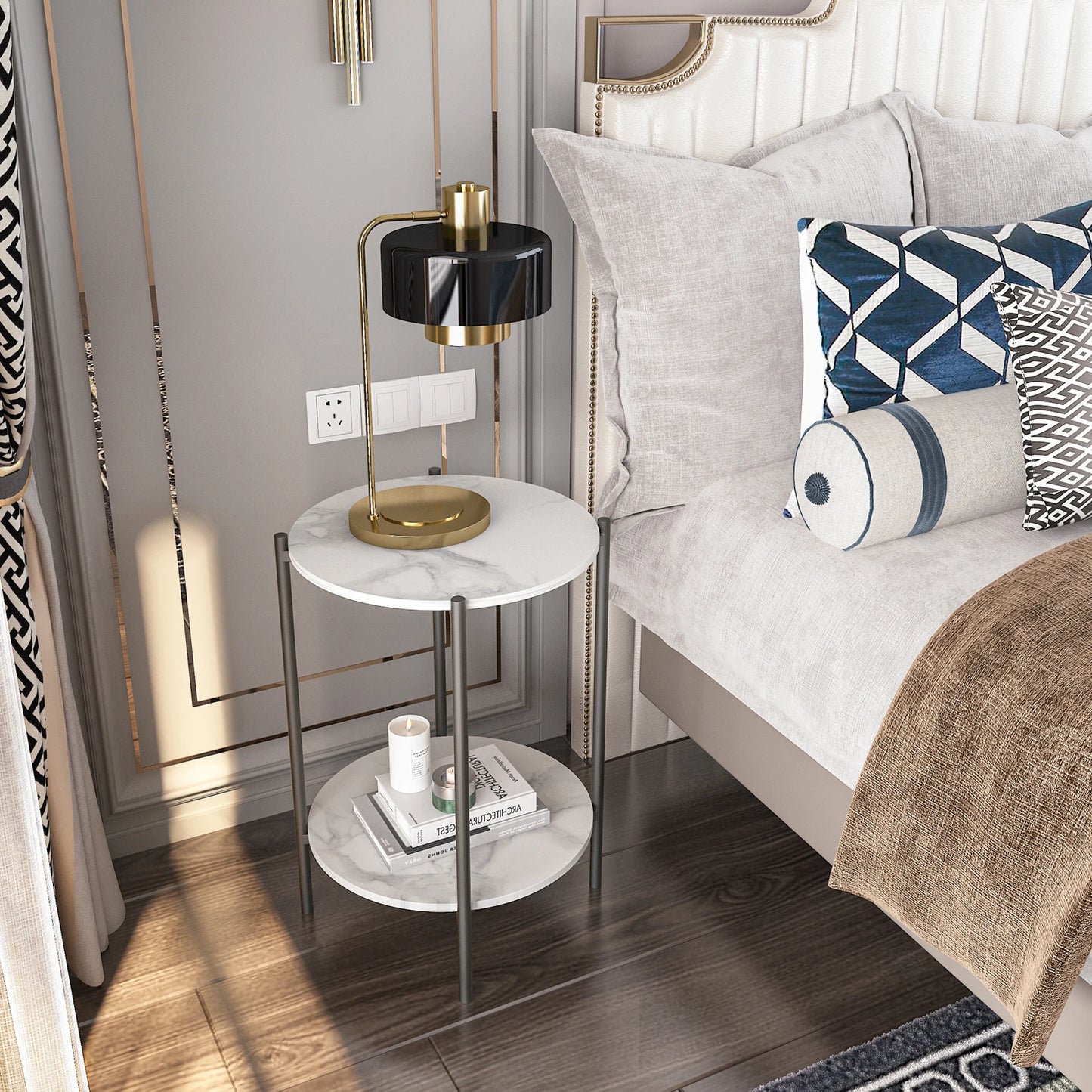 Wisfor End Table Glossy Sintered Stone Table Round Nightstand for Living Room Bedroom Modern Accent Table with Black Metal Frame