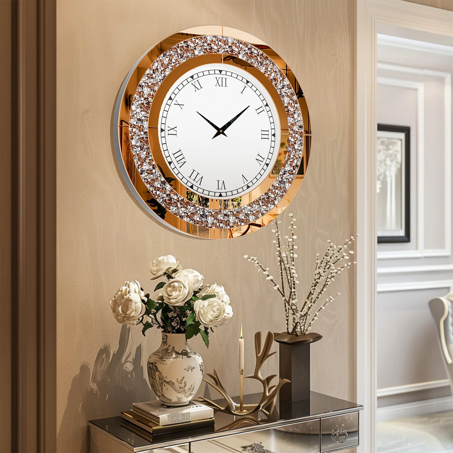 Round 24 Inch Silver Tawny Mirror Clock For Living Room