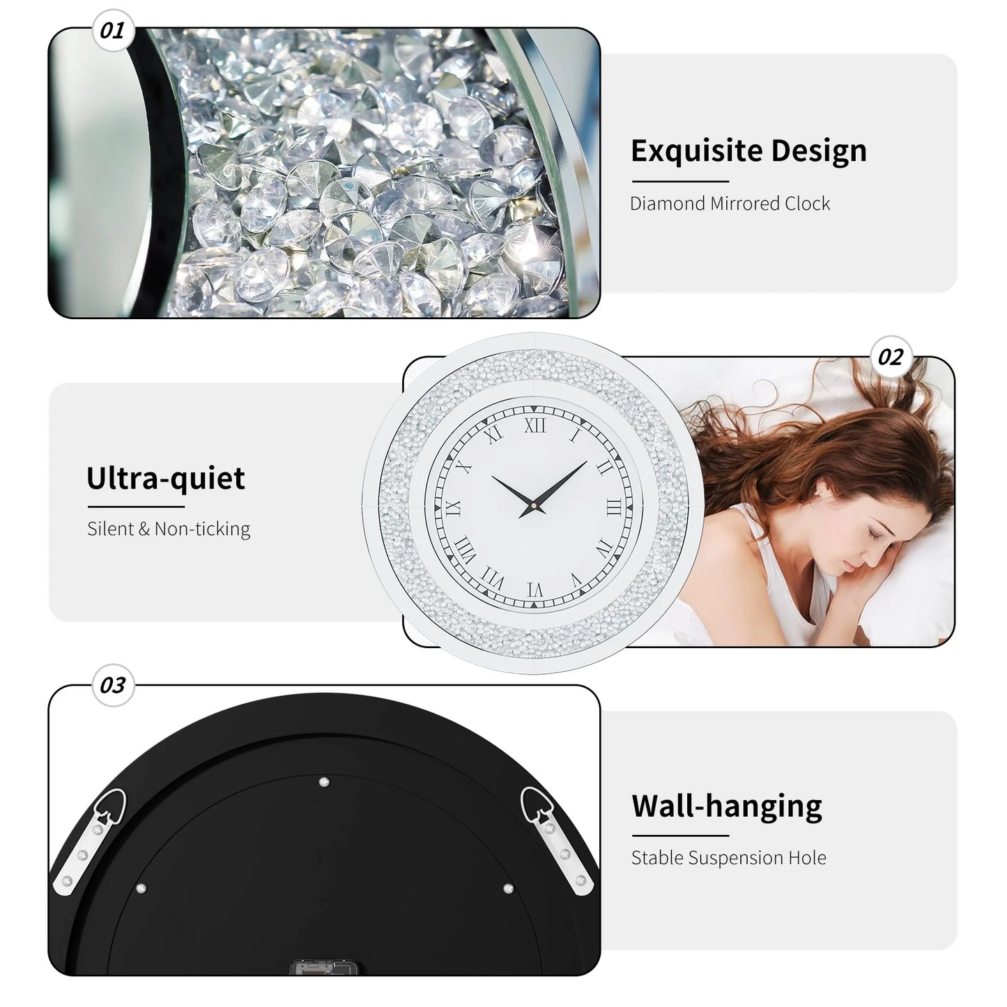 Round 24 Inch Silver Tawny Mirror Clock For Living Room