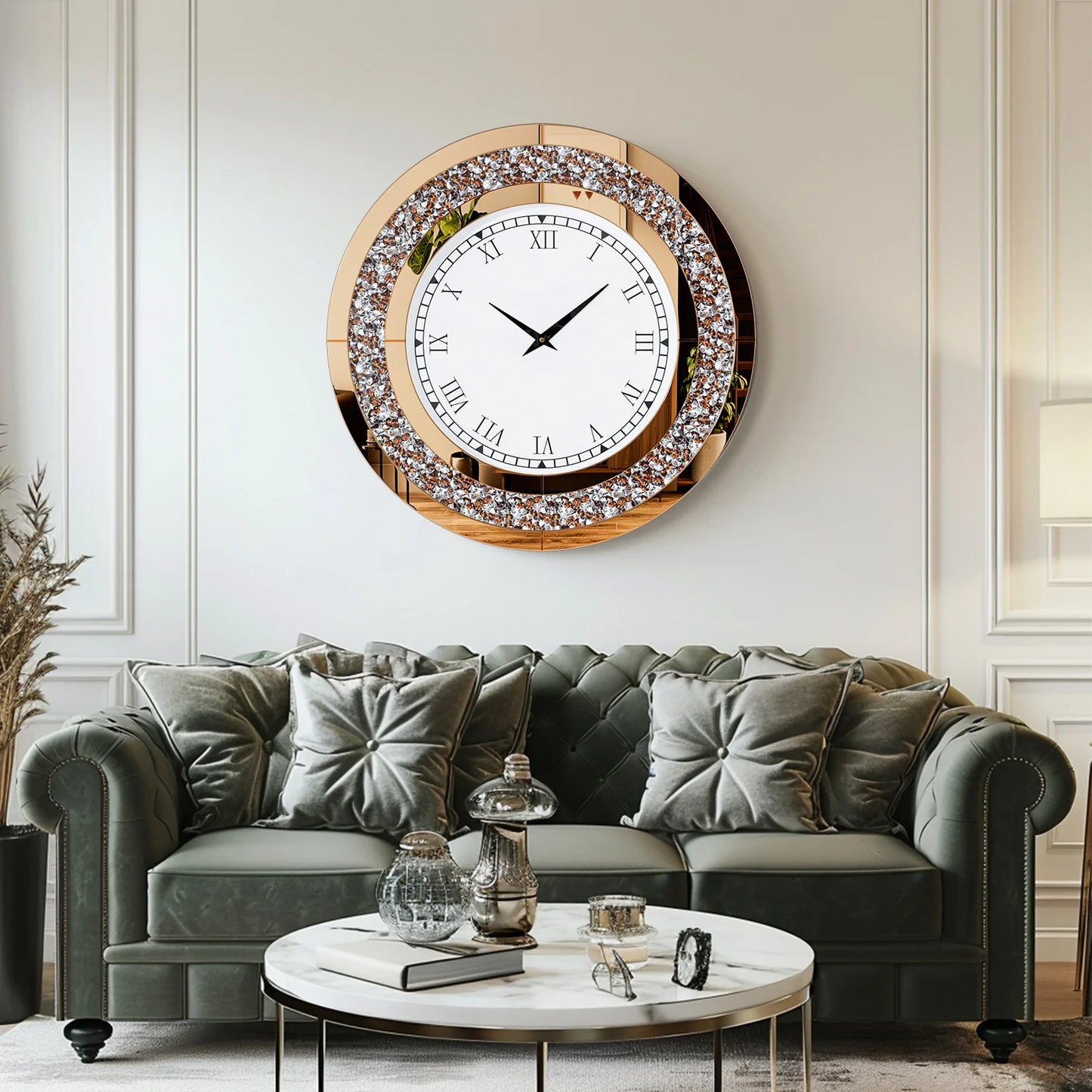 Round 24 Inch Silver Tawny Mirror Clock For Living Room