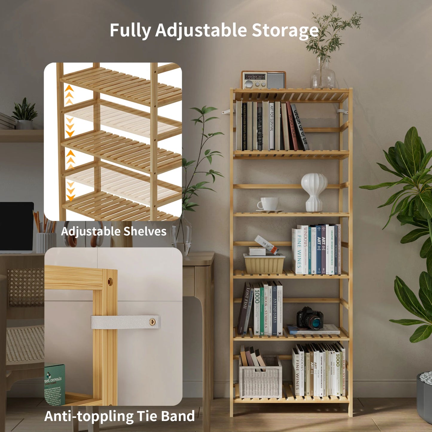 Bamboo Six Tier Bookshelf And Flower Rack With Adjustable Shelves