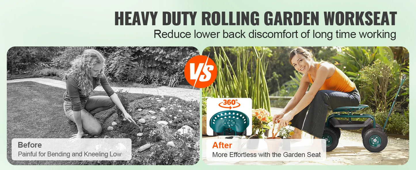 SucceBuy Garden Cart Rolling Workseat With Wheels 360 Degree Swivel