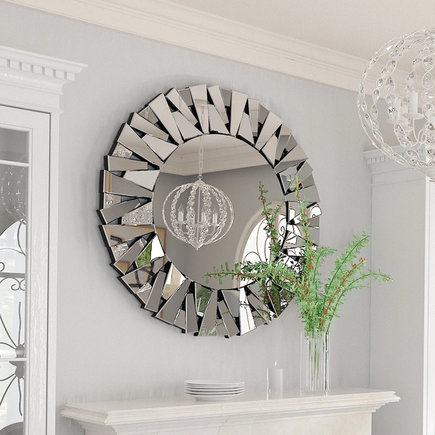 Sunburst Round Wall Mirror, Silver Glass Beveled Frame Decor