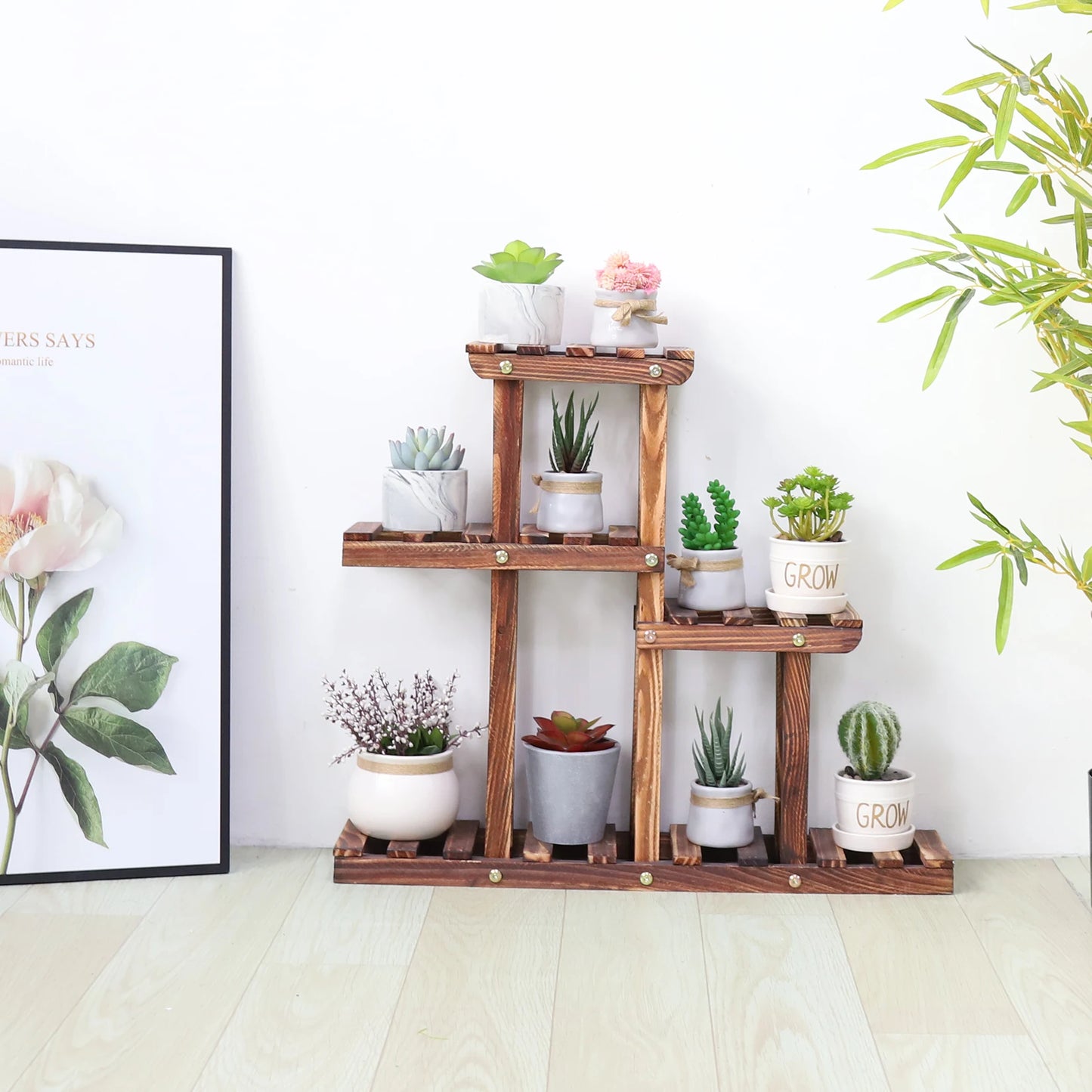 BINGOPAW Carbonized Wood Plant Stand 4-Tier Desktop Rack