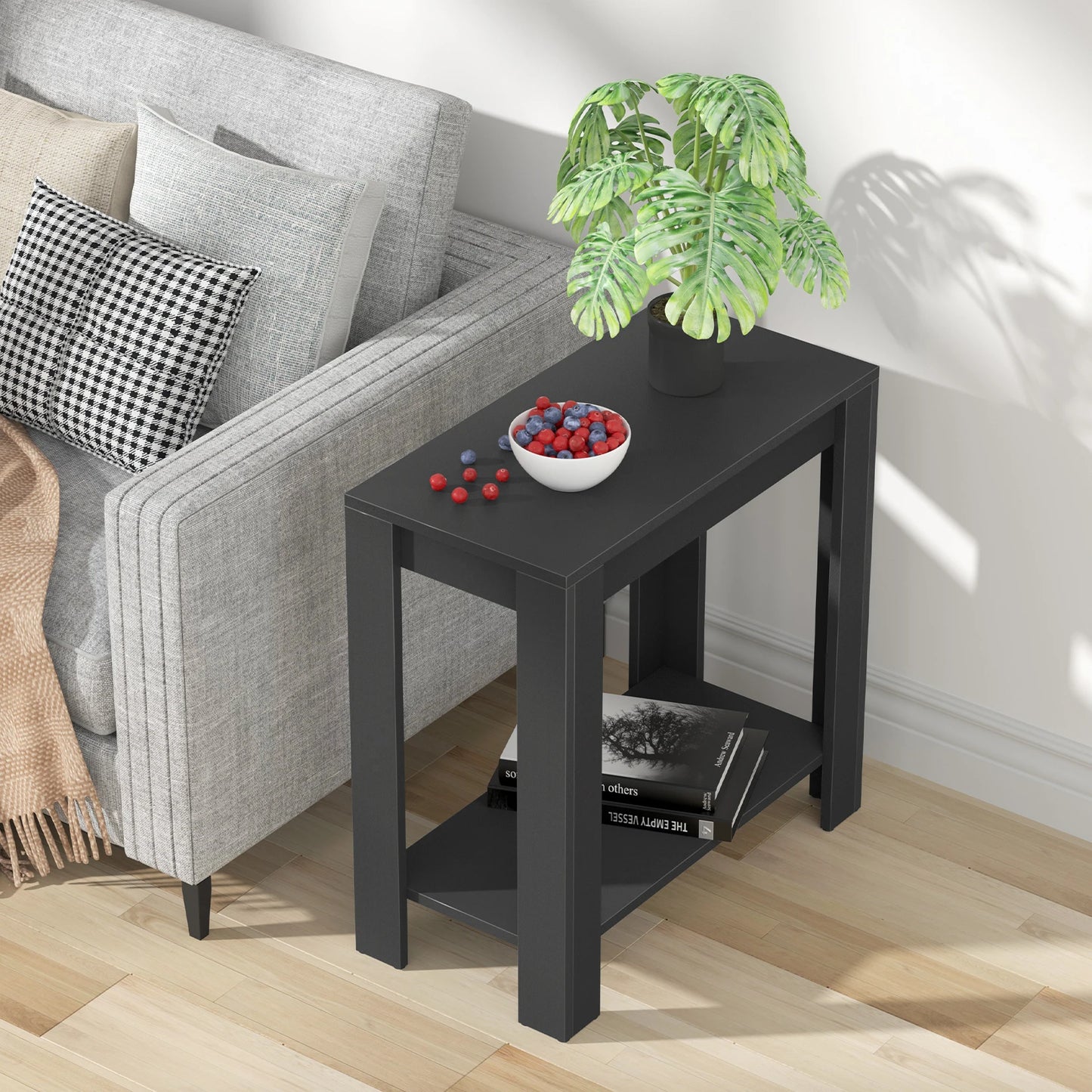Narrow Sofa Side Table With 2 Tier Open Storage Modern