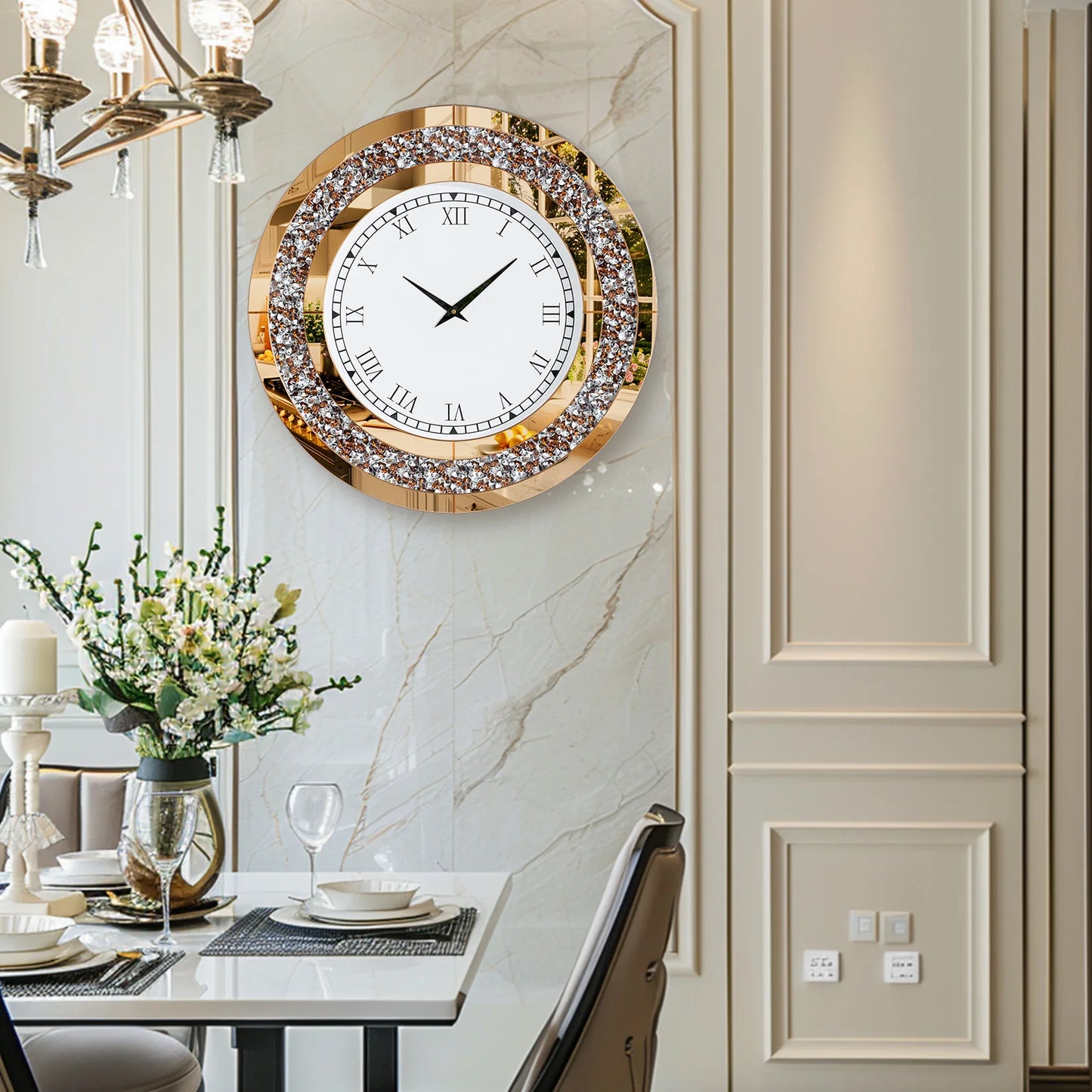 Round 24 Inch Silver Tawny Mirror Clock For Living Room