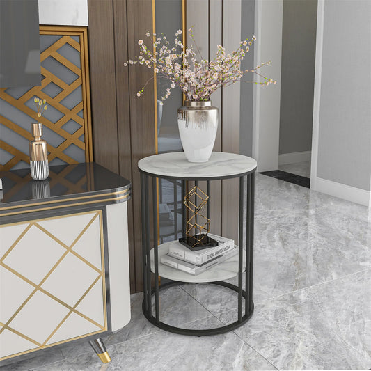 Wisfor Two Tier Sintered Stone End Table Round White Black Frame