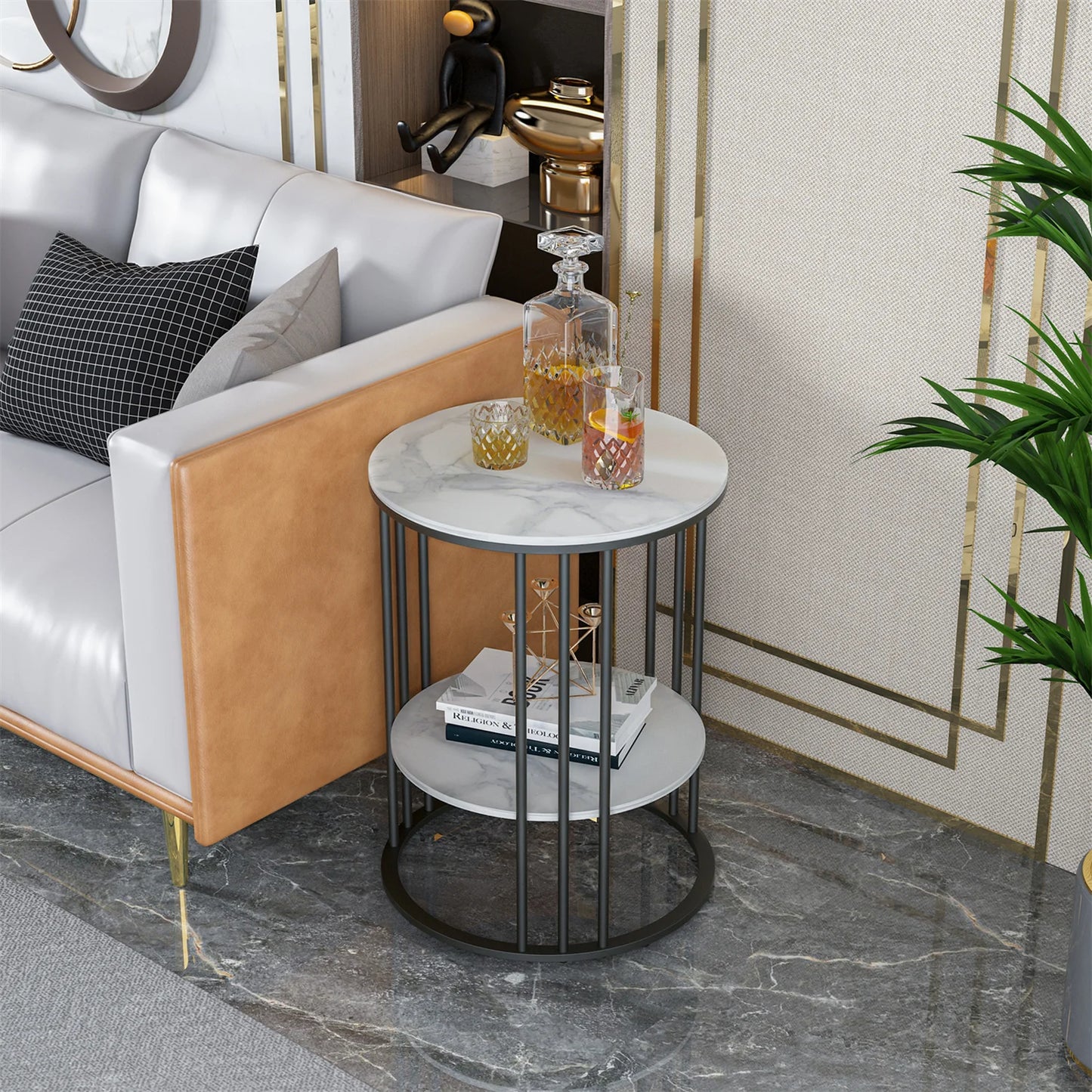Wisfor Two Tier Sintered Stone End Table Round White Black Frame