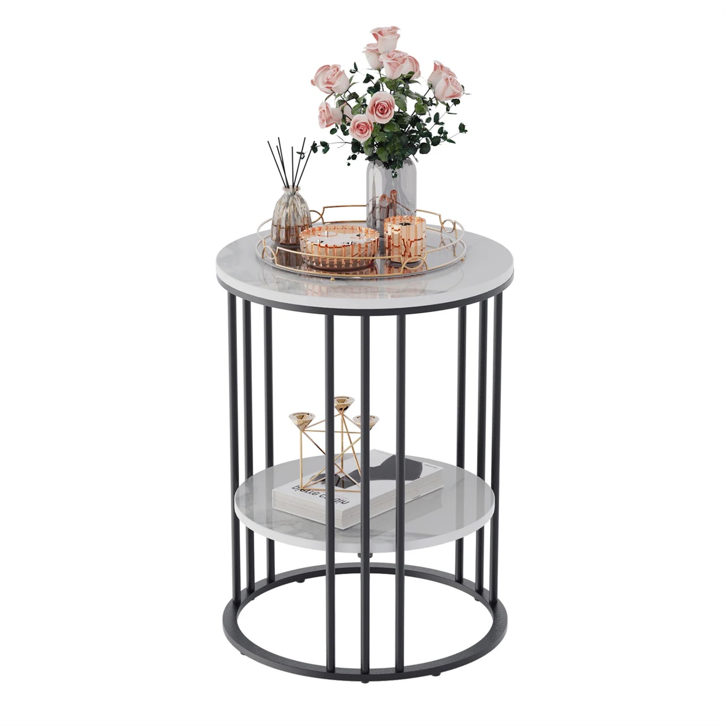 Wisfor Two Tier Sintered Stone End Table Round White Black Frame