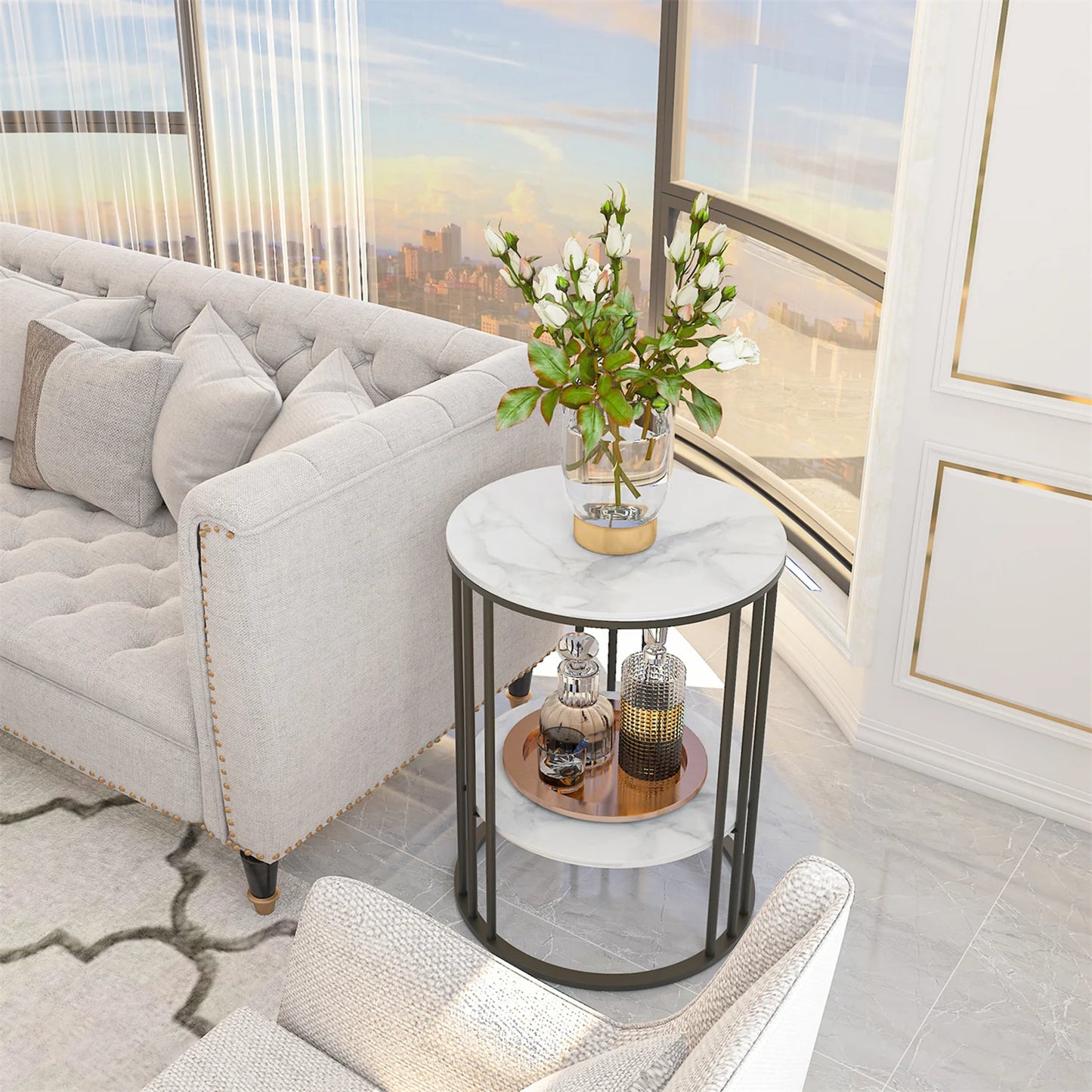 Wisfor Two Tier Sintered Stone End Table Round White Black Frame