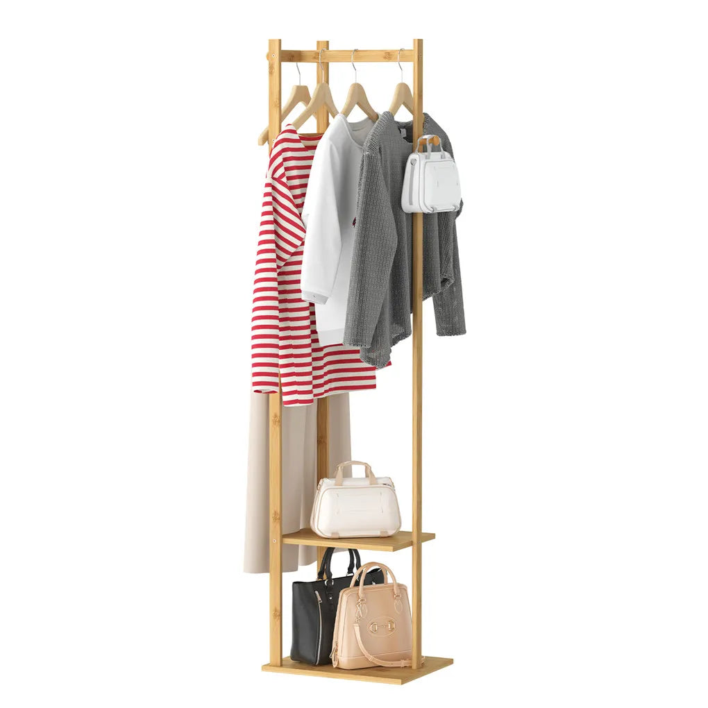 BINGOPAW Bamboo Garment Rack With 2 Tier Storage Shelves