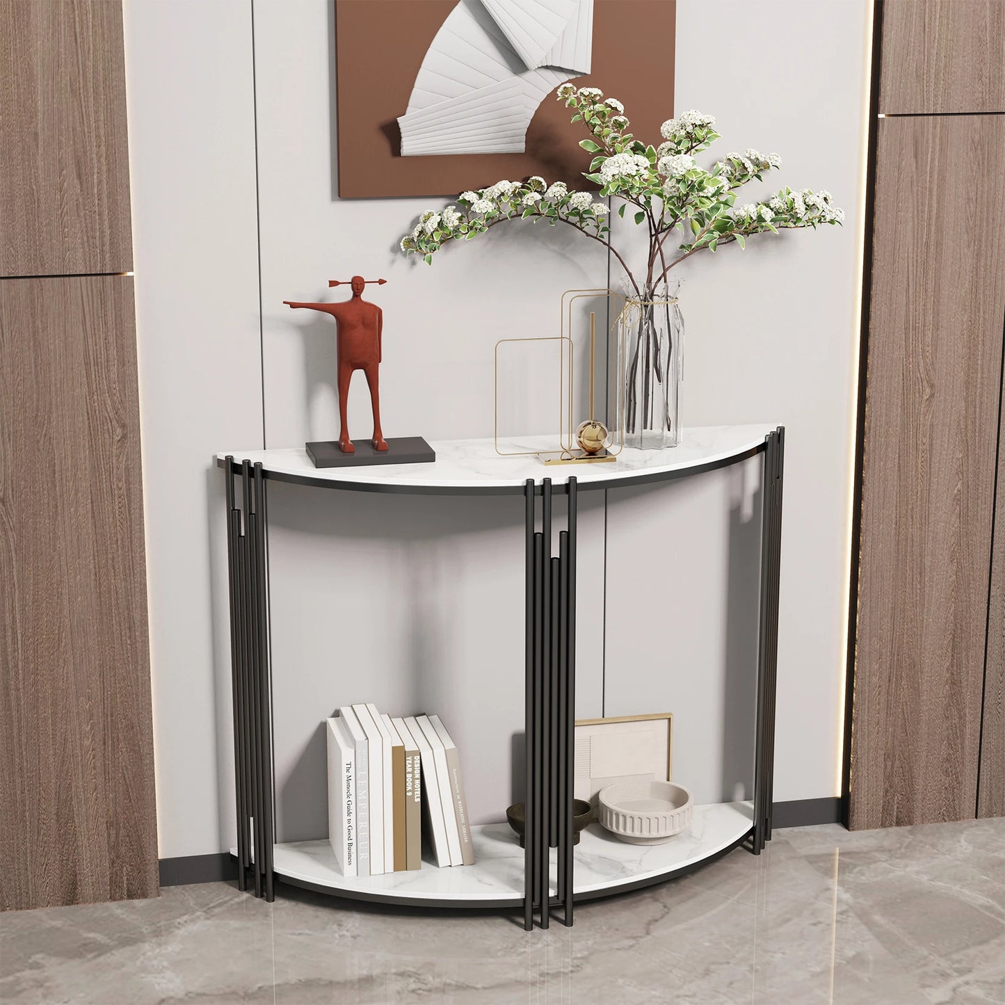 Wisfor Half Moon Tiered Console Table Sintered Stone And Metal