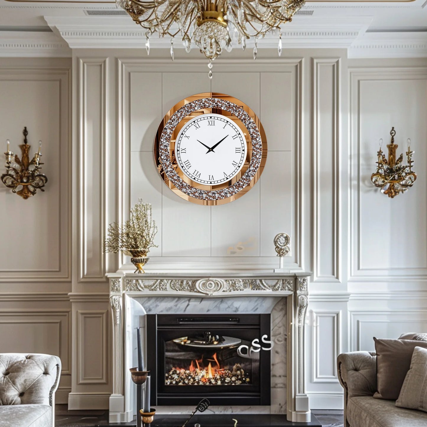 Round 24 Inch Silver Tawny Mirror Clock For Living Room